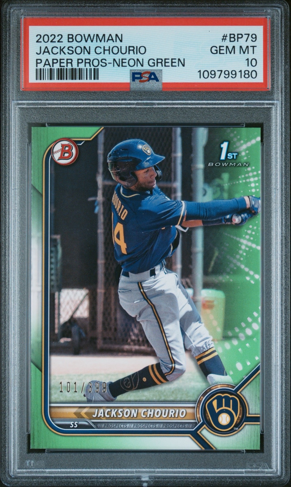 2022 Bowman 2022 JACKSON CHOURIO BOWMAN PAPER NEON GREEN #BP79 PSA 10