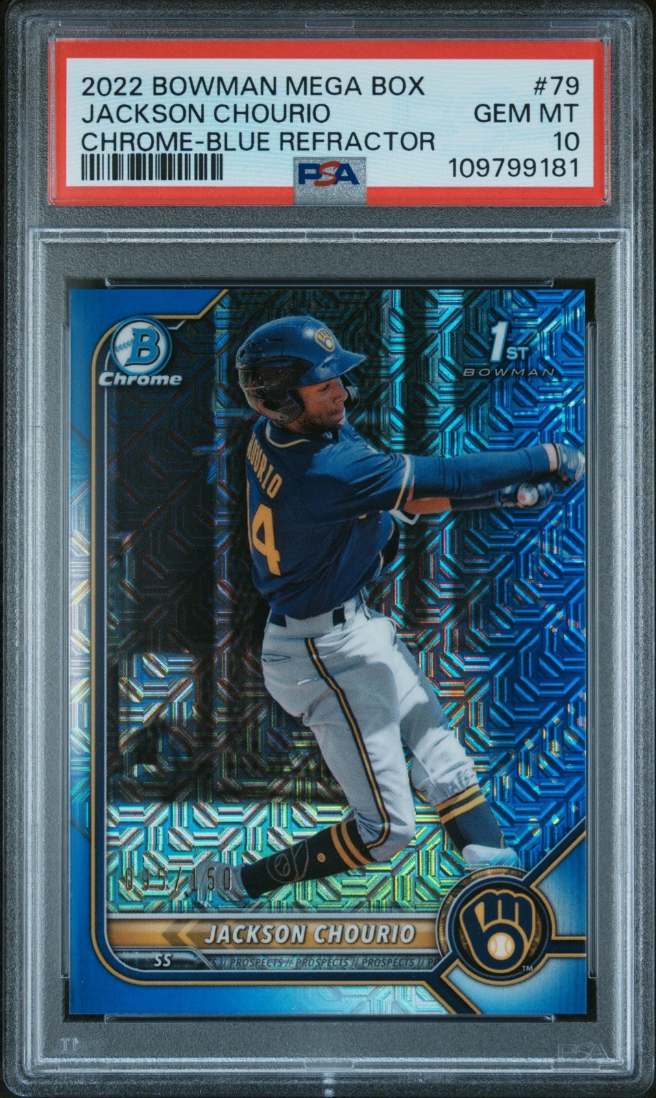 2022 Bowman 2022 JACKSON CHOURIO BOWMAN CHROME BLUE REFRACTOR #79 PSA 10