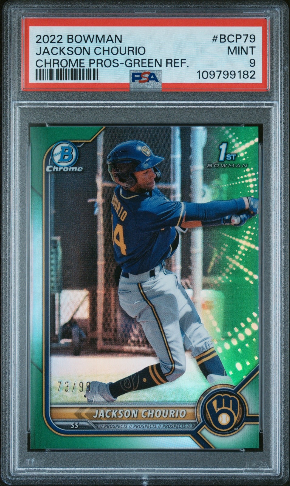 2022 Bowman 2022 JACKSON CHOURIO BOWMAN CHROME GREEN REFRACTOR #BCP79 PSA 9