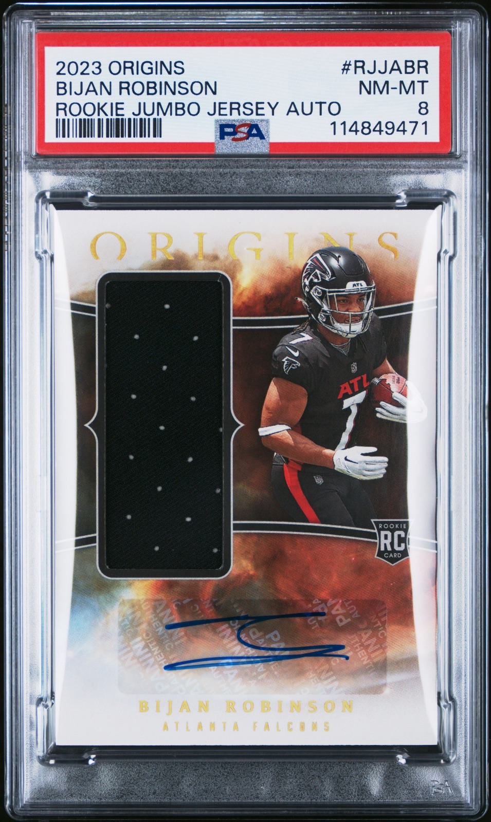 2023 Bijan Robinson Origins Rookie Jumbo Jersey Auto #RJJA-BR PSA 8