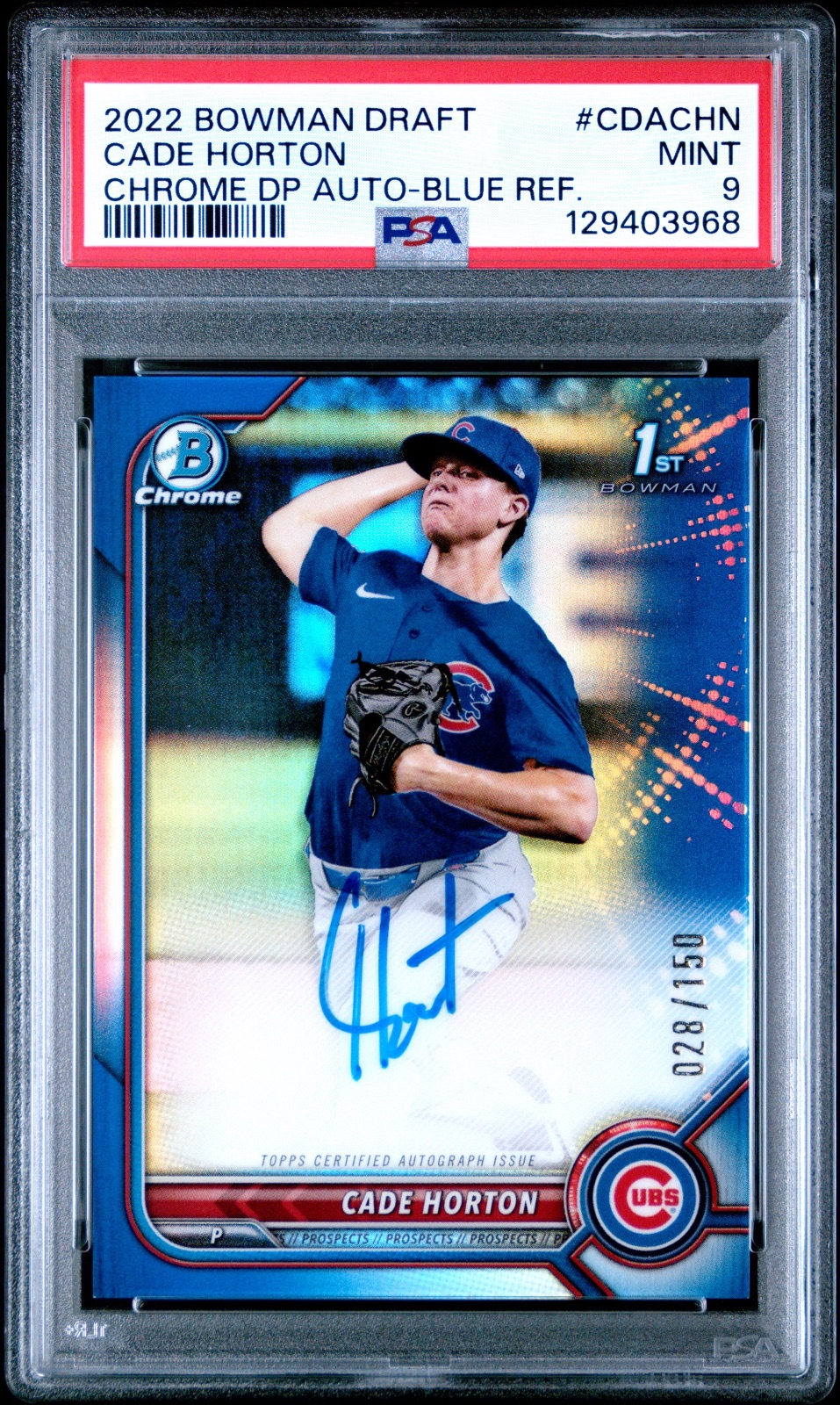 2022 Cade Horton Bowman Draft Blue Auto #CDACHN PSA 9