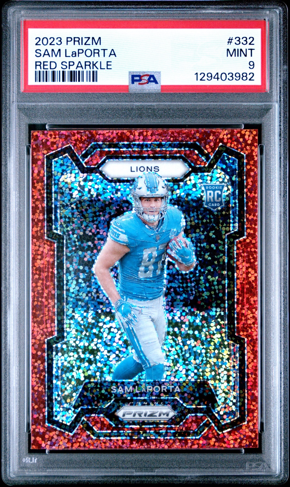 2023 Sam LaPorta Prizm Red Sparkle Rookie #332 PSA 9