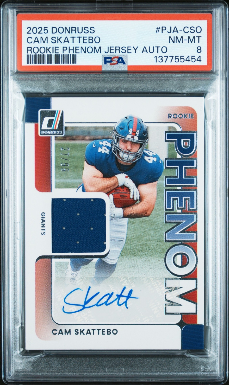 2025 Cam Skattebo Donruss Rookie Phenom Jersey Autograph #PJA-CSO PSA 8