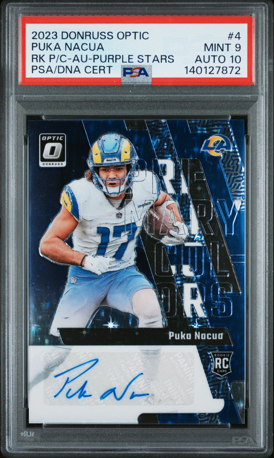 2023 Puka Nacua #4 Rookie Primary Colors Autograph-Purple Stars #4 PSA 9