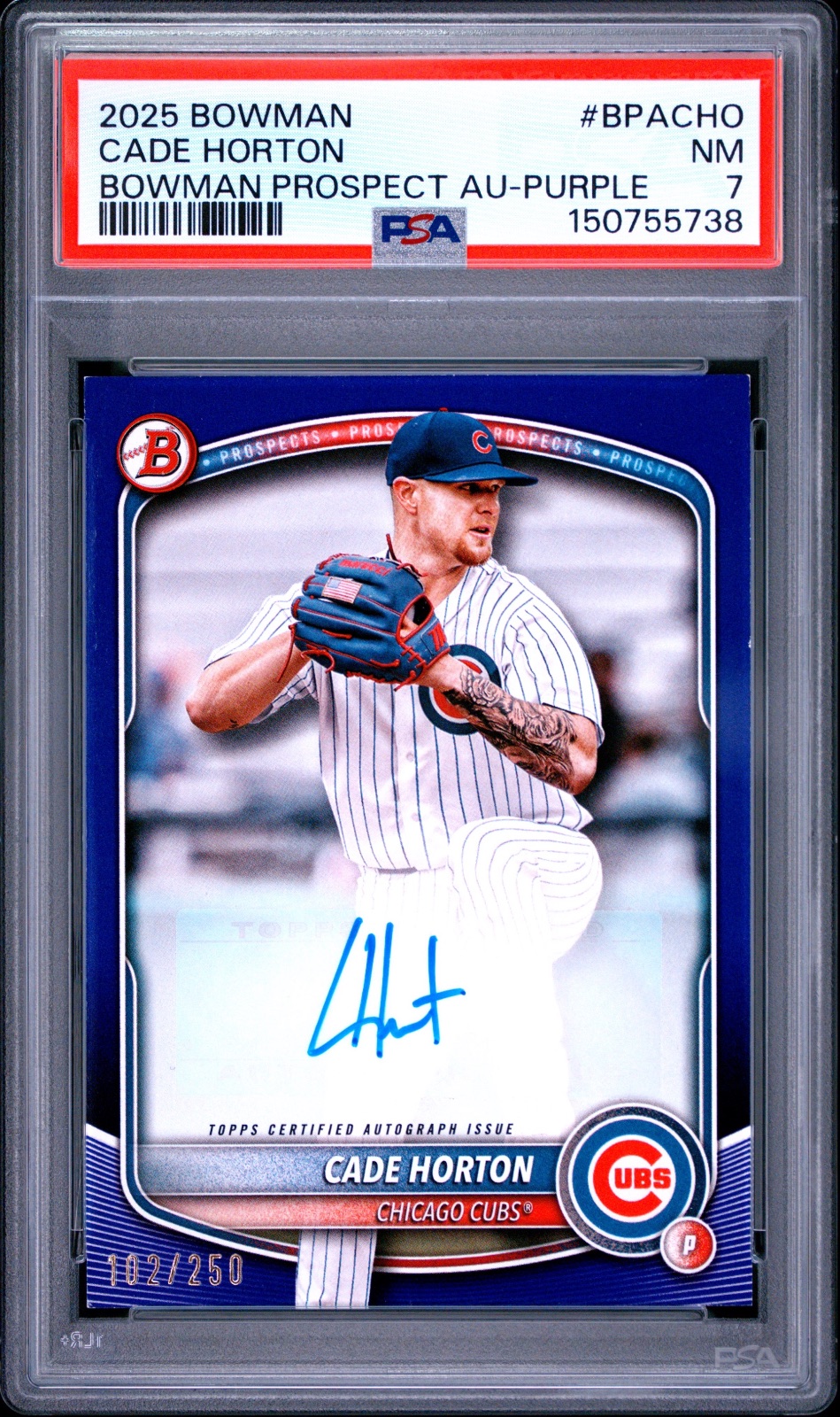 2025 Cade Horton Bowman Purple Auto #BPACHO PSA 7