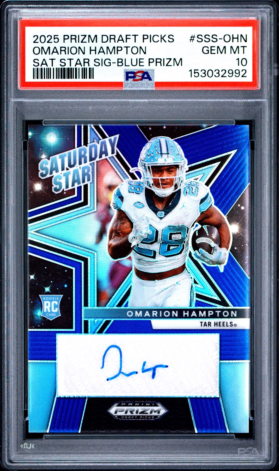 2025 Omarion Hampton Prizm Draft Picks Saturday Star Signatures-Blue Prizm Rookie Autograph #SSS-OHN PSA 10
