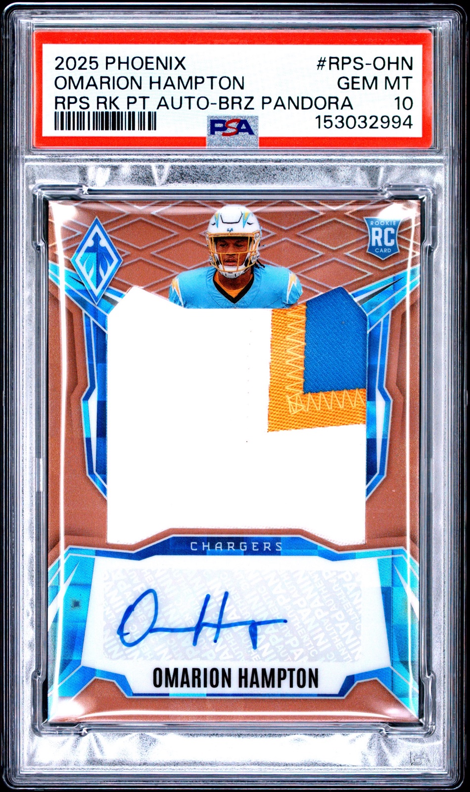 2025 Omarion Hampton Phoenix Rookie Jumbo Patch Autograph-Bronze Pandora #RPS-OHN PSA 10