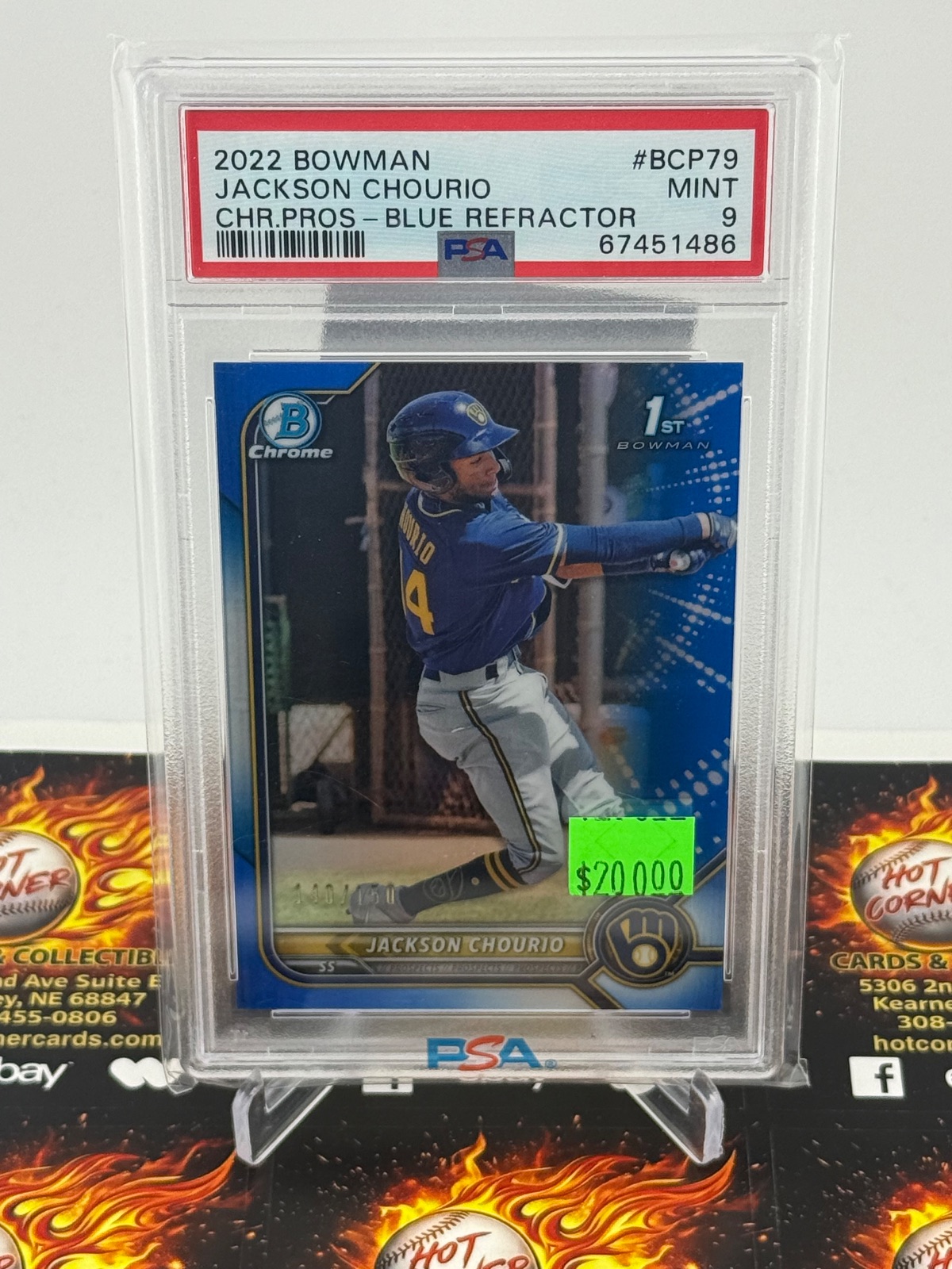 2022 Bowman 2022 JACKSON CHOURIO BOWMAN CHROME PROSPECTS BLUE REFRACTOR #BCP79 PSA 9
