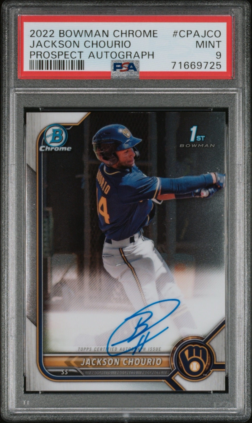 2022 Bowman 2022 JACKSON CHOURIO BOWMAN CHROME PROSPECT AUTOGRAPH #CPAJCO PSA 9