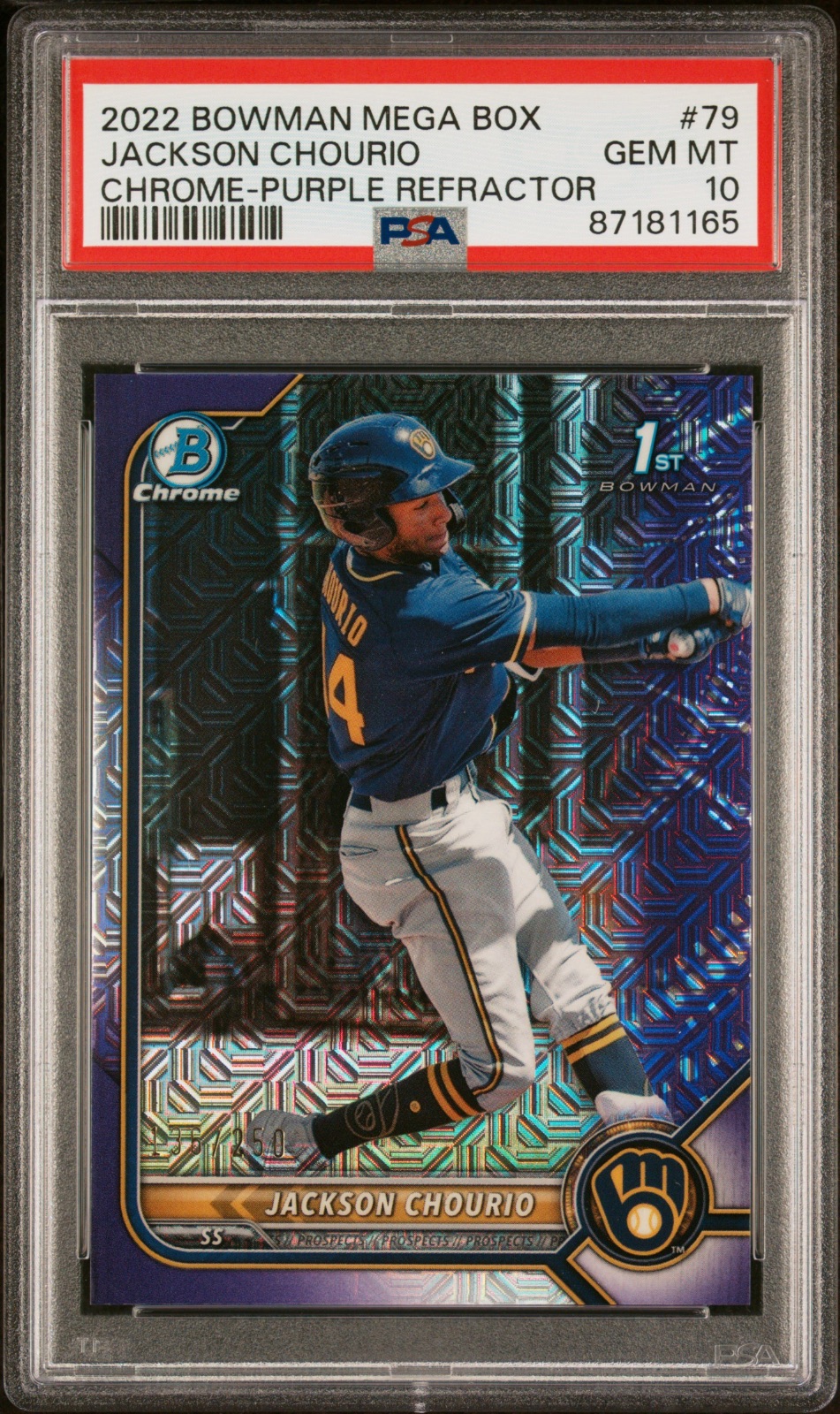 2022 Bowman 2022 JACKSON CHOURIO BOWMAN CHROME PURPLE REFRACTOR #79 PSA 10