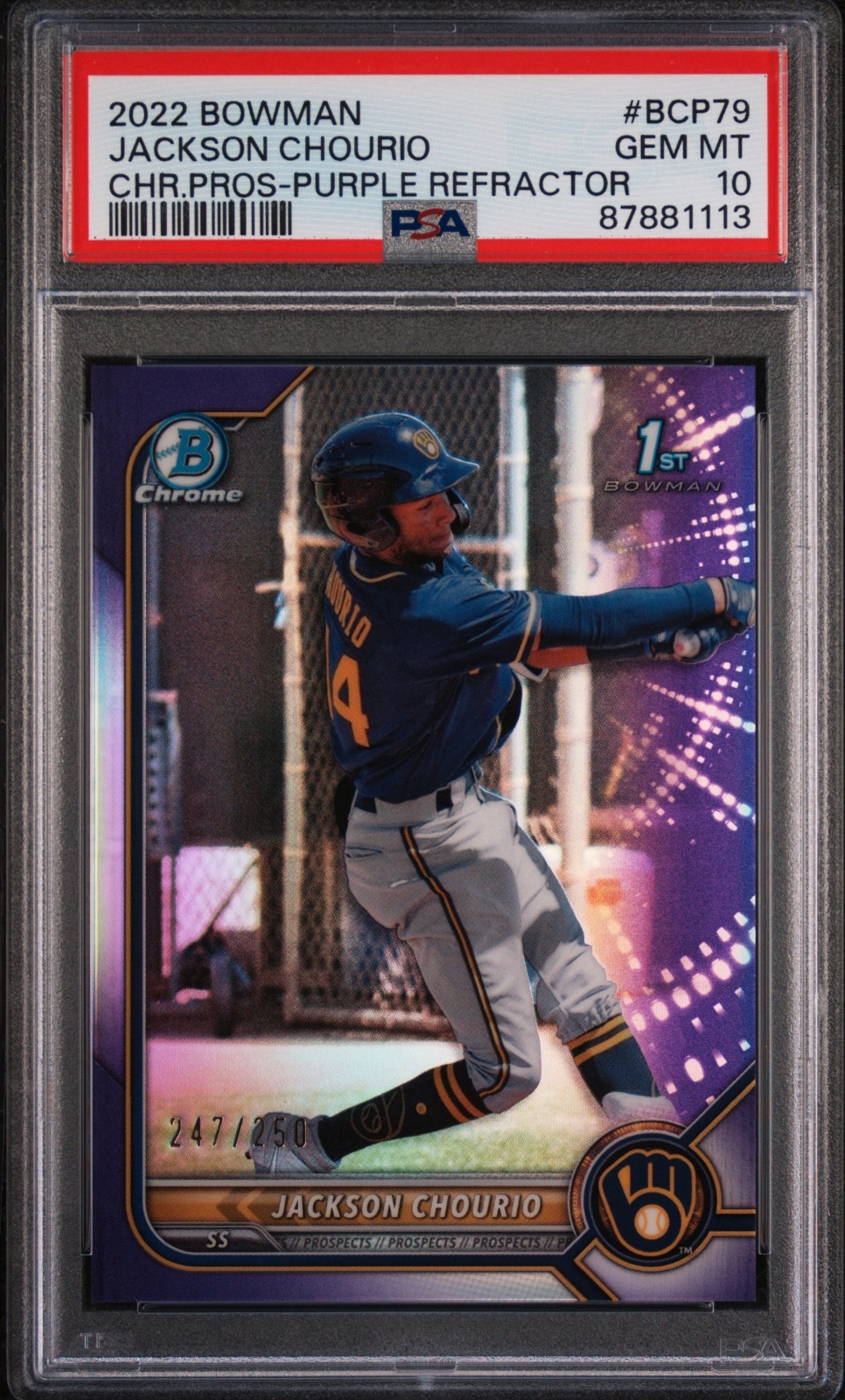 2022 Bowman 2022 JACKSON CHOURIO BOWMAN CHROME PROSPECT PURPLE REFRACTOR #BCP79 PSA 10
