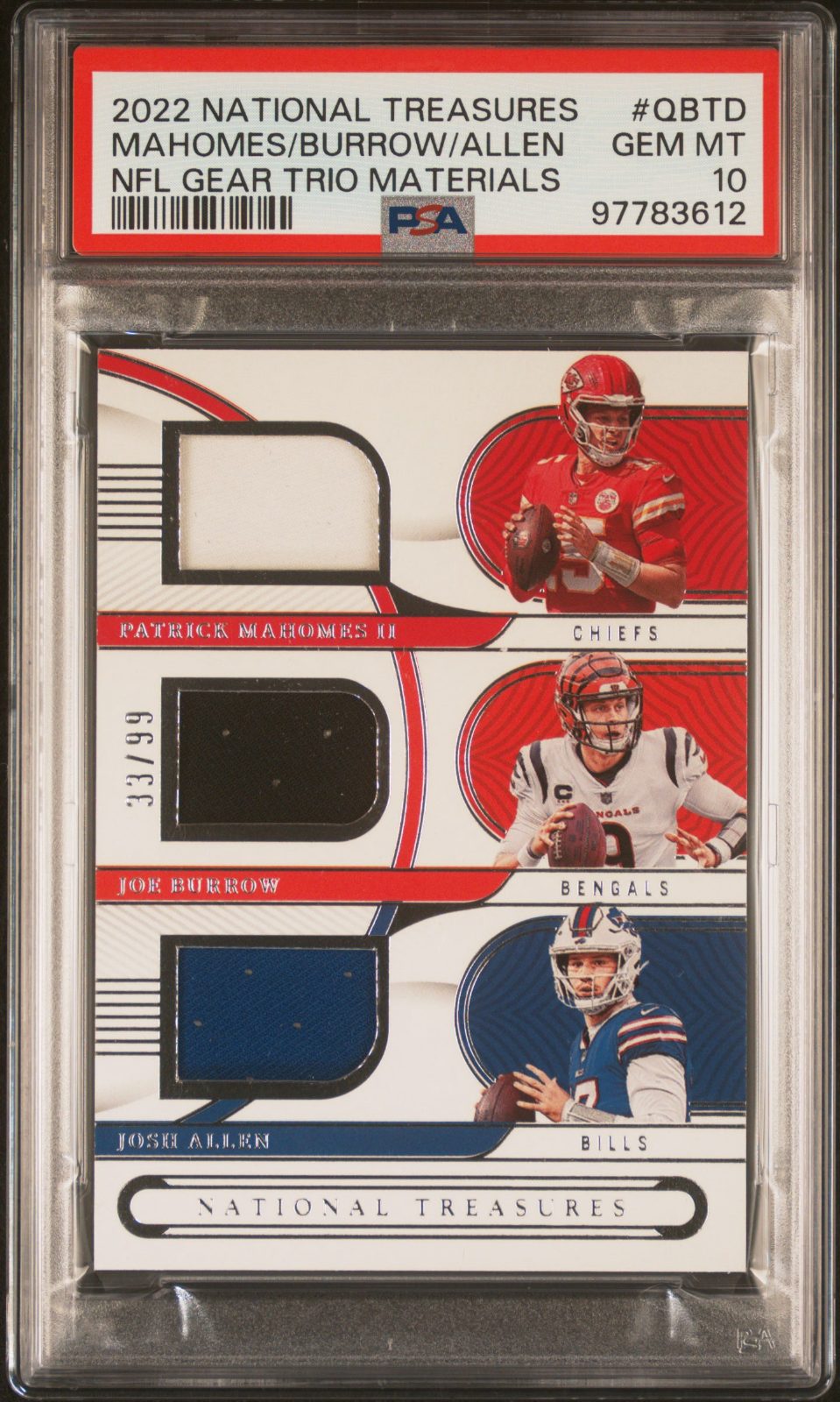 2022 Patrick Mahomes National Treasures NFL Gear Trio Materials #GTM-QBTD PSA 10