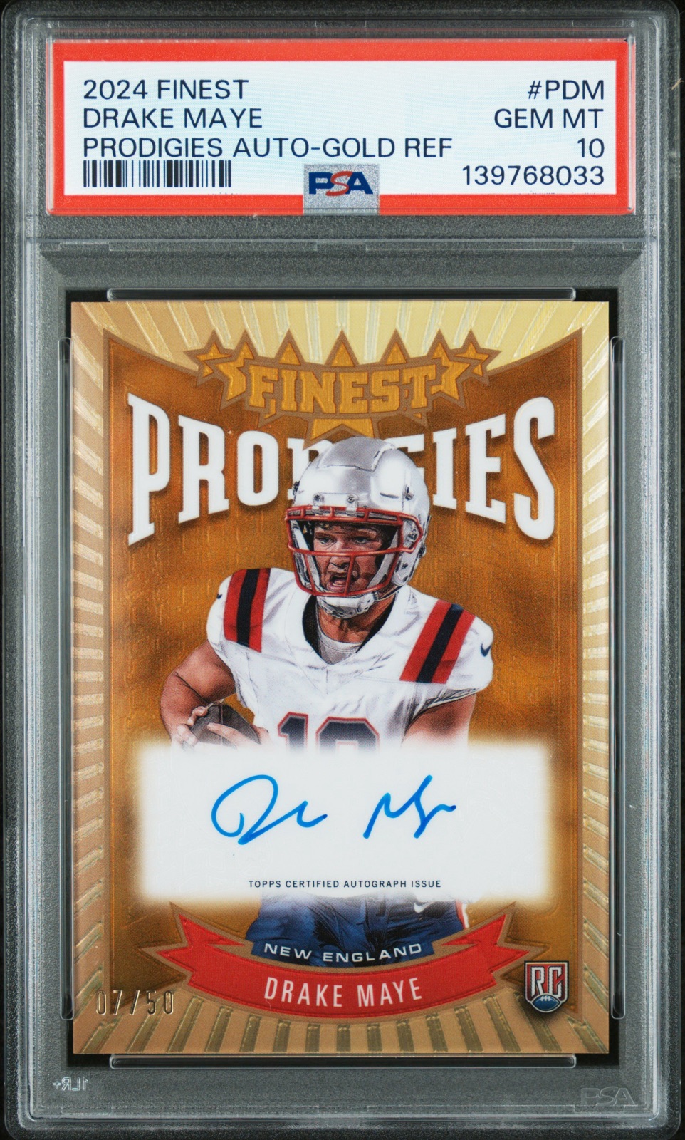 2024 Drake Maye Finest Prodigies Gold Refractor Auto #P-DM PSA 10