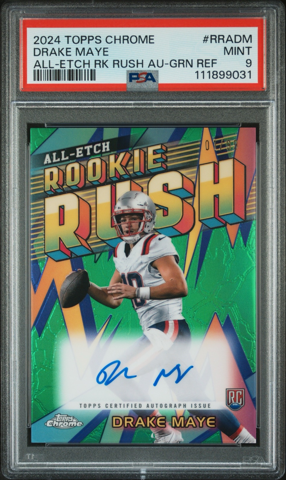 2024 Drake Maye Topps Chrome Rookie Rush All Etch Green #RRA-DM PSA 9