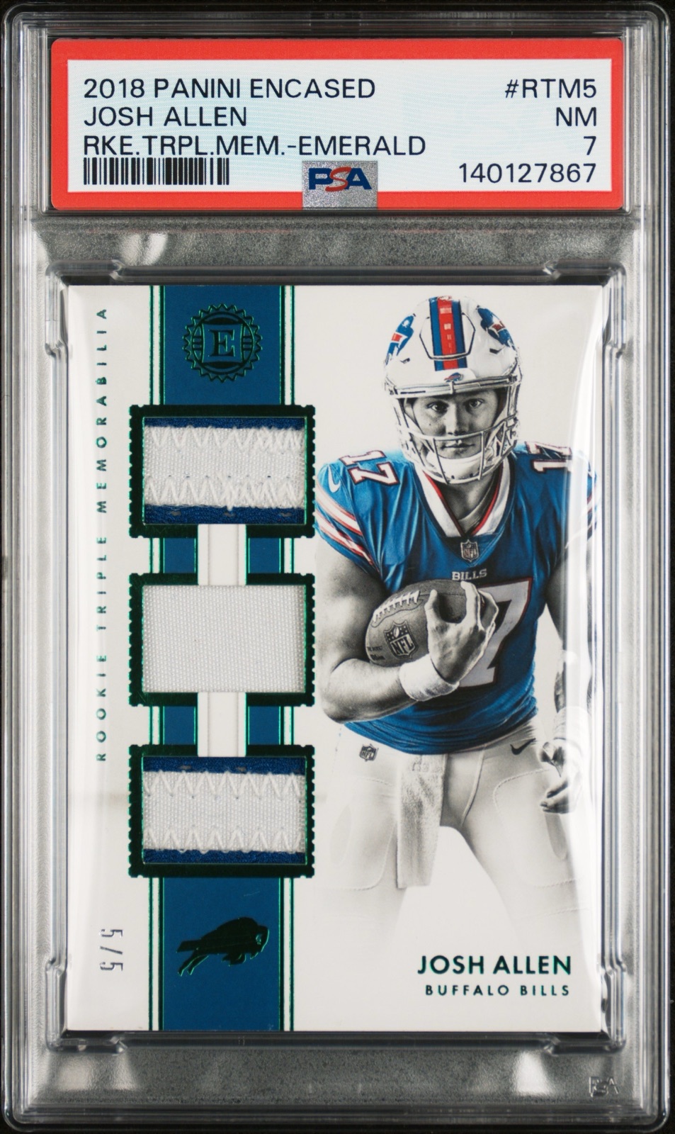 2018 Panini Encased  2018 JOSH ALLEN PANINI ENCASED ROOKIE TRIPLE MEMORABILIA- EMERALD #RTM-5 PSA 7